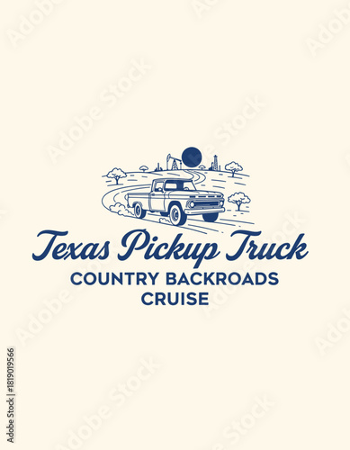 Clean vector logo of a Texas road trip: old pickup on a winding highway, desert plants, sun. Minimal, retro, outdoor adventure vibe.