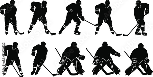 Black Silhouettes of Ice Hockey Players and Goalies in Action, Skating, Shooting, and Blocking, Ideal for Sports, Winter Games, Athletics, and Competition Vector Design