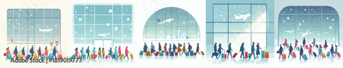 Travelers Carrying Luggage at Winter Airport. Vektor, design, minimalist, illustrations, set icon