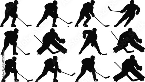 Black Silhouettes of Ice Hockey Players and Goaltenders Skating, Shooting, and Defending, Perfect for Sports, Athletics, Winter Games, and Competition Vector Design, Isolated White Background