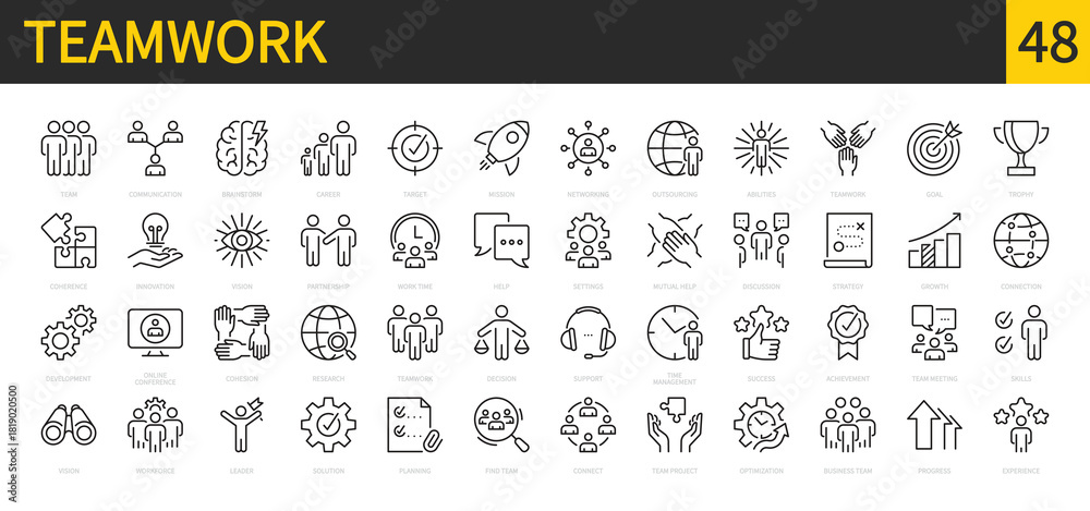 Fototapeta premium Teamwork icon set. Business team, mission, success, management, meeting, strategy, partnership, mutual help, growth, work group, progress, leader, goal, etc. Vector illustration. Editable stroke.
