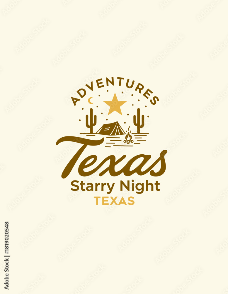 Fototapeta premium Texas starry-night campsite emblem—cacti frame a tent and fire under a crescent moon; simple vector linework with warm retro tones.