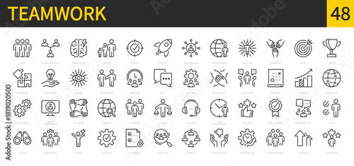 Teamwork icon set. Business team, mission, success, management, meeting, strategy, partnership, mutual help, growth, work group, progress, leader, goal, etc. Vector illustration. Editable stroke.