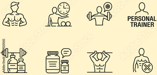 fitness editable stroke icons, showing coaching essentials such as workout planning, trainer support, diet organization, motivation elements, gym activities, and overall wellness concepts, perfect.