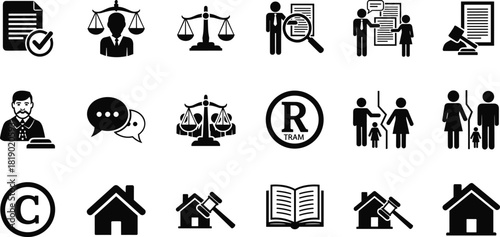 Collection of Black Legal and Justice Vector Icons, Including Scales, Judge, Copyright, Trademark, Document, Family Law, and Property Symbols, Isolated White Background