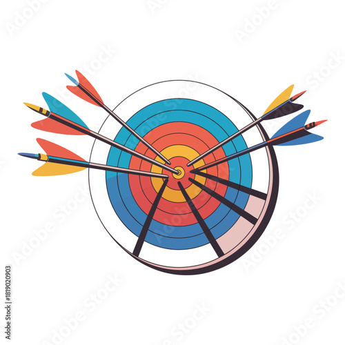 Archery target with multiple arrows hitting the bullseye and outer rings