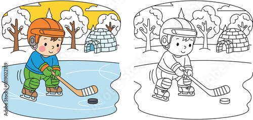 Vector coloring book page of a cute cartoon boy playing ice hockey on a frozen pond with an igloo. Winter sport illustration with colored example and outline for kids activity.