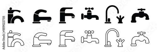 A collection of faucet icons featuring water taps, kitchen faucets, and plumbing set illustrations, including isolated tap and shower icons, perfect for home improvement, plumbing design