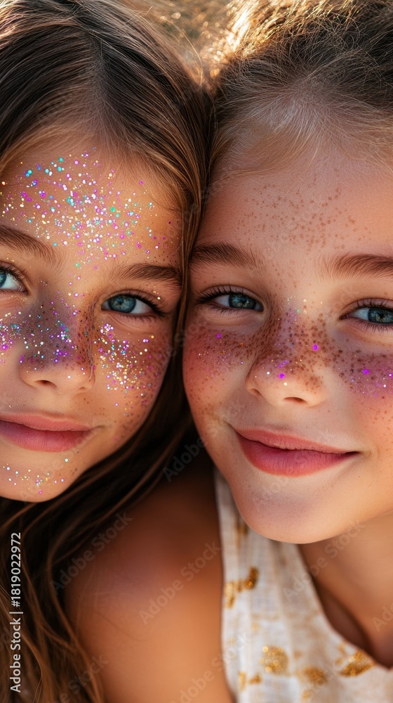 Fototapeta premium Two caucasian young girls with sparkling glitter faces and freckles smiling