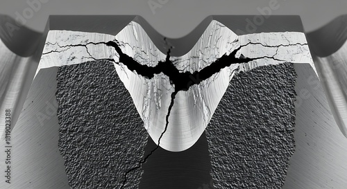 Macro view of catastrophic metal fracture with brittle crack propagation and cleavage pattern.