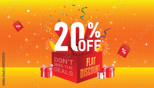 Festive 20% OFF discount banner featuring gift boxes, confetti, fireworks, and bold 3D text.