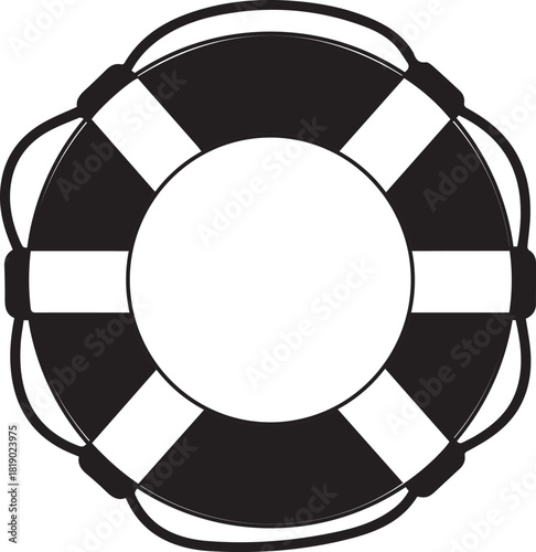 Classic black and white life preserver ring with ropes and white stripes isolated on a clean white background representing safety and rescue