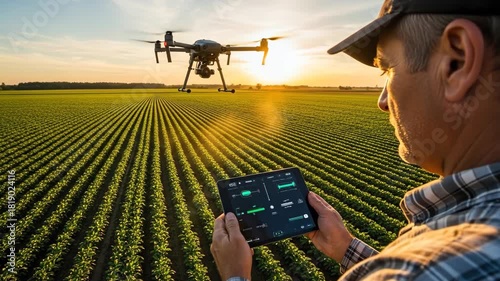 Farmer uses drone and tablet for precision agriculture at sunset