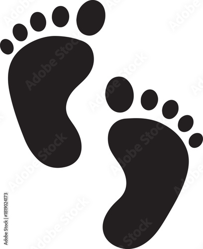 Simple black silhouette of two baby footprints facing left and right on a white background for concept of new life