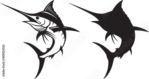 Dynamic duo of ocean predators two stylized marlin silhouettes one detailed sketch and one solid black for contrast