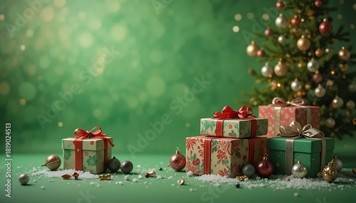 Festive Christmas Scene with Gifts and Decorated Tree.