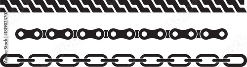 Three distinct black graphic elements representing different types of chain links and a repeating geometric pattern on a white background