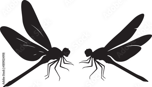Two silhouetted dragonflies facing each other with wings extended in a stylized artistic representation on a white background