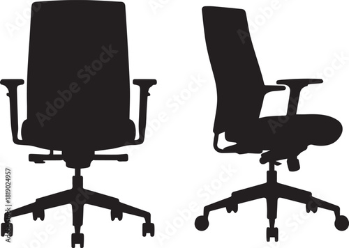 Two silhouette views of a modern ergonomic office chair one from the front and one from the side isolated on a white background