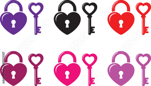 Collection of six colorful heart shaped padlocks and matching keys symbolizing love romance and security in a playful illustration style