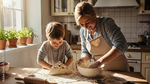 Grandmother and grandson joyfully baking together in a sunny kitchen