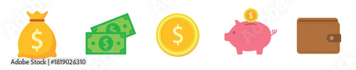 Finance icon set. Money bag and dollar banknotes. Gold coin and piggy bank. Leather wallet for savings, budget planning, payments and financial management