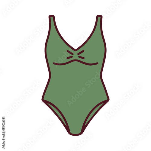 An olive green one-piece swimsuit with ruched or gathered detailing at the bust. An elegant and stylish whole-body bathing suit for a summer holiday.