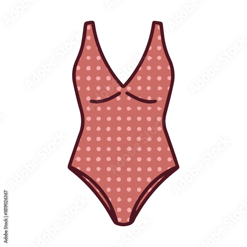 A red one-piece swimsuit adorned with white polka dots. A fashionable, whole-body bathing suit with a vintage style, perfect for the beach or pool in summer.