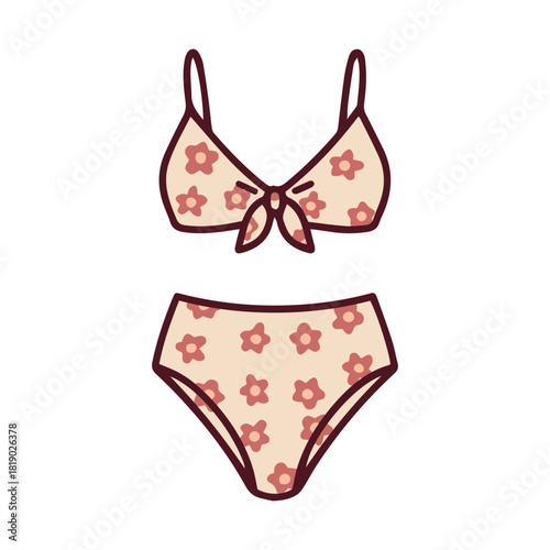 A beige two-piece bikini swimsuit featuring a red floral pattern. Stylish high-waisted bathing suit set with a tie-front top, perfect for a romantic beach vacation or pool party.
