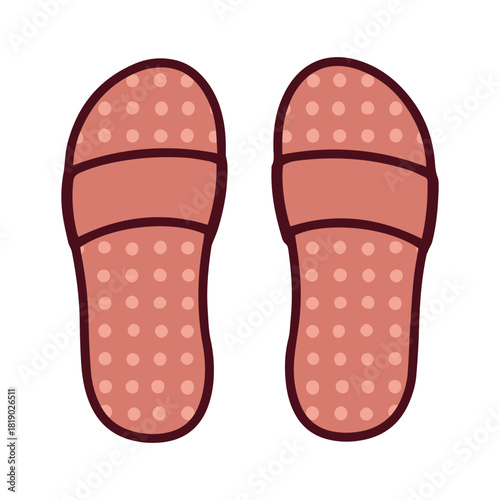 Red slide sandals decorated with a cute white or pink polka dot pattern. Playful and comfortable slip-on footwear, great for adding a splash of color to a summer outfit or beach day.