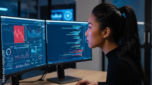 Focused Woman Programmer Coding and Analyzing Data on Dual Monitors