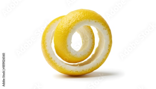 A curled lemon peel with its white pith visible, isolated against a white background.