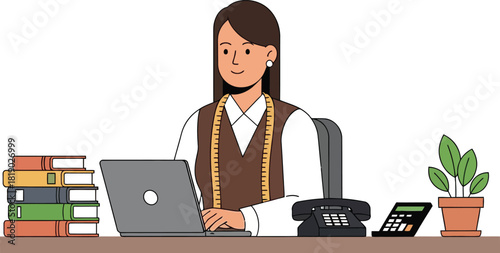 Woman working at desk with measuring tape symbolizing fashion design or tailoring business operations