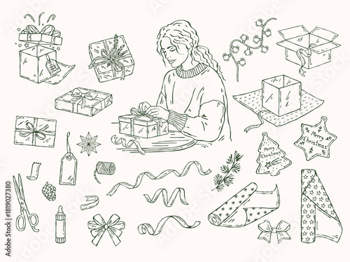 Vector hand-drawn outline Christmas set: woman wrapping gifts, kraft boxes, ribbons, bows, tags, scissors, glue, pinecones, and festive decorations for Christmas cards, gift wrap, and holiday decor