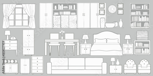 Outline illustration of various furniture pieces for a home interior design
