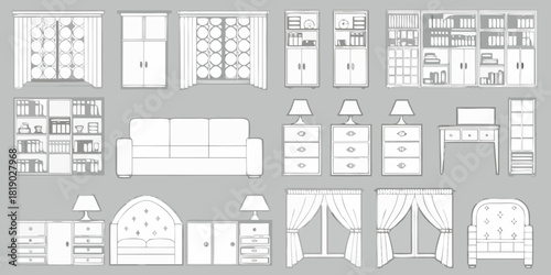 Outline furniture vector set sofa bed armchair bookshelves cabinets windows and nightstands