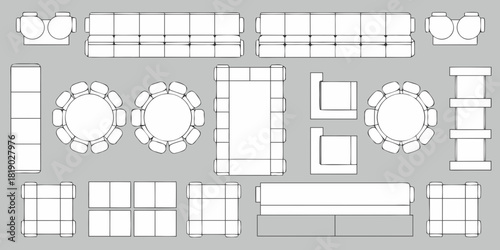 Furniture arrangement plan sofas tables chairs and storage units in top view