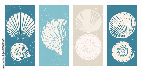 Set of four seashells in blue beige and white tones