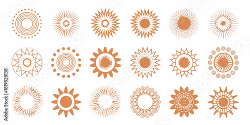 Collection of abstract floral and geometric sunburst shapes in brown tones