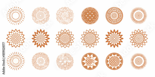 Collection of decorative boho sun and flower designs in brown and beige