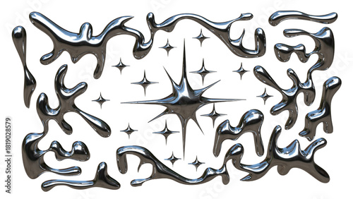 Fotografía 3D Chrome Liquid Frame with Metallic Fluid Shapes and Glossy Starburst Center –