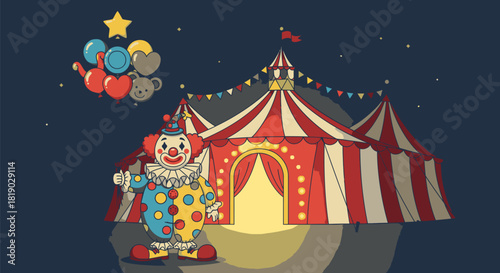 Whimsical Circus Clown and Big Top Tent Under Starry Night.