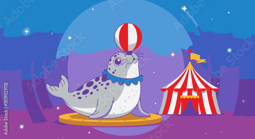Cartoon Seal Balancing Ball at Circus Performance.