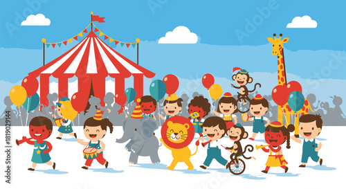 Cheerful Circus Parade with Animals and Children Illustration.