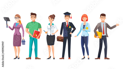 Professions, jobs, choosing a career. Different male and female special training, education for future life, successful employment. Vector flat style cartoon illustration isolated on white background 