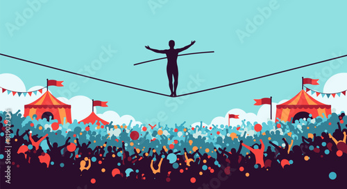 Silhouette of a Tightrope Walker Balancing with Arms Outstretched.
