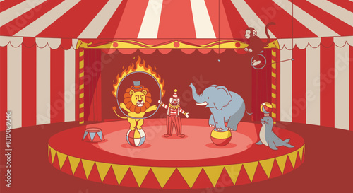 Circus Animals Performing on Stage Under Big Top Tent.