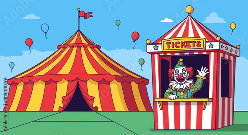 Cartoon Circus Tent and Ticket Booth with Clown Illustration.