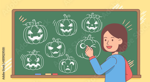 Teacher Explaining Halloween Pumpkins on Chalkboard in Classroom.