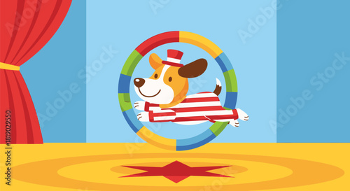 Cartoon Dog Jumping Through Circus Hoop with Hat and Striped Shirt.